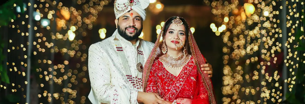Happy Indian couple at wedding ceremony in Delhi NCR